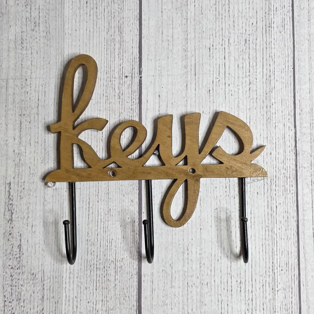 Wooden “Keys” Wall Hook Rack Entryway Organizer with 3 Hooks